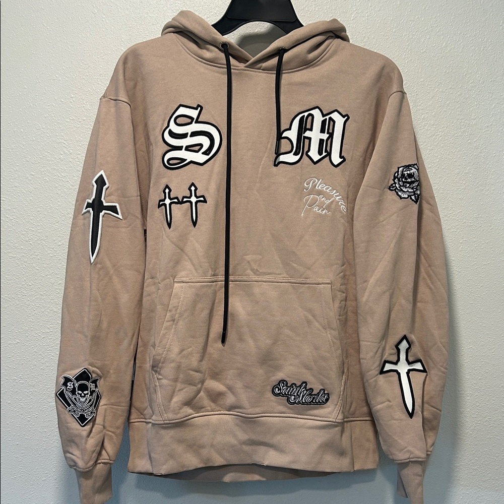 Men's Beige Graphic Hoodie with Embroidered Designs